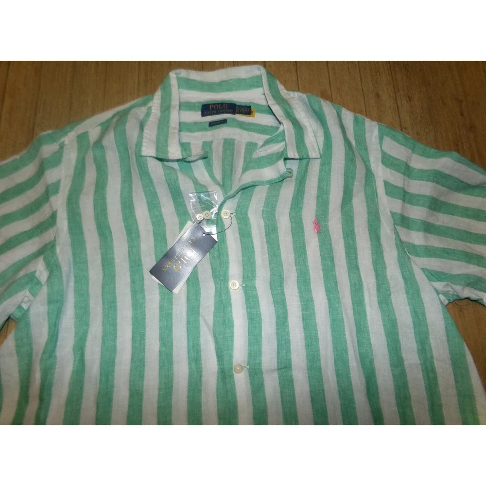 Polo Ralph Lauren Mens XL Linen Striped Short Sleeve Button Up Shirt Green White